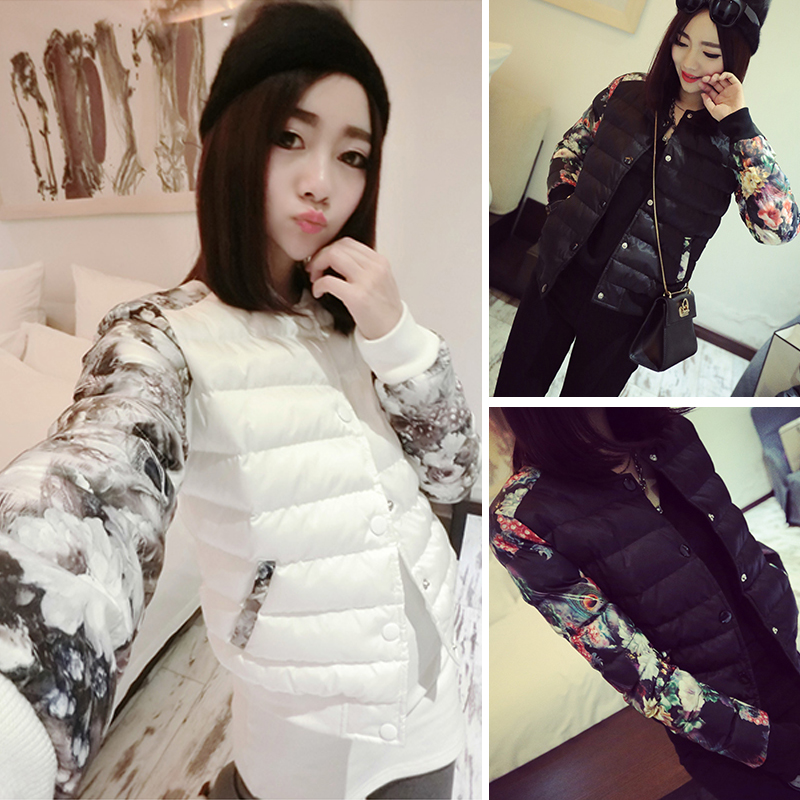 7017# 2014新款女装韩版修身袖子拼接短款女棉衣潮冬装外套