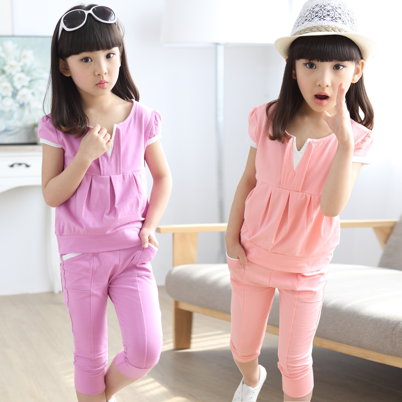 潮女童装2015夏季新款儿童奥戴尔套装女孩短袖运动服韩版中大童