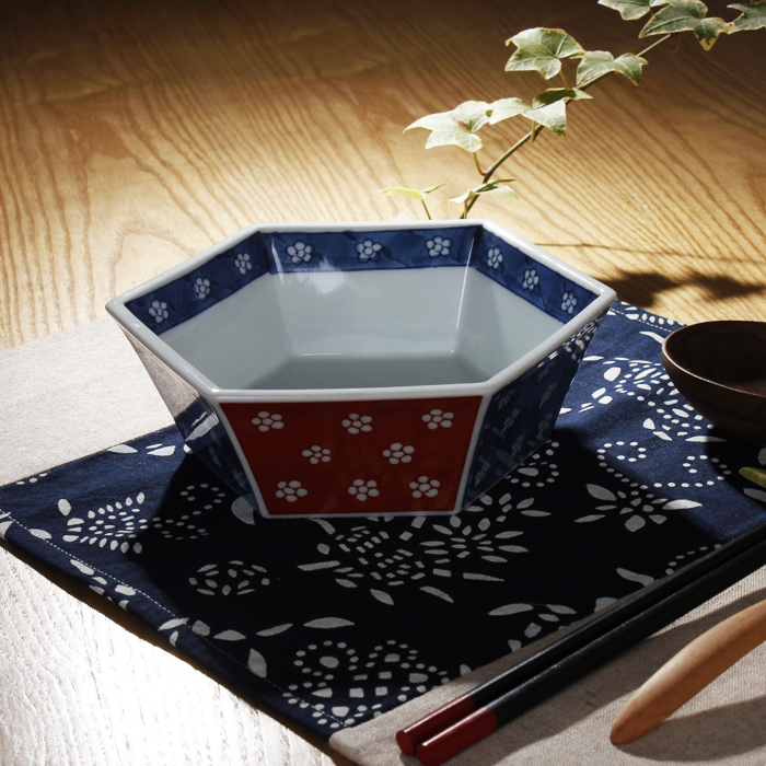 日本进口怀石料理陶瓷碗高档餐厅料理碗锦染浓梅六角碗菜碗多用碗
