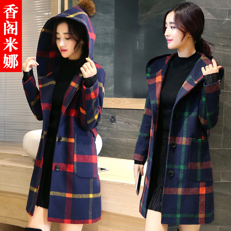 冬季中长款修身格子毛呢外套韩版时尚大码羊毛呢子大衣女装加厚