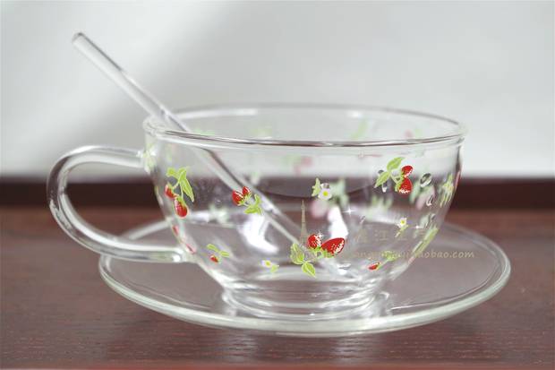 手作耐热玻璃杯子 萌萌小草莓玻璃咖啡杯红茶杯早餐杯 微波炉可用
