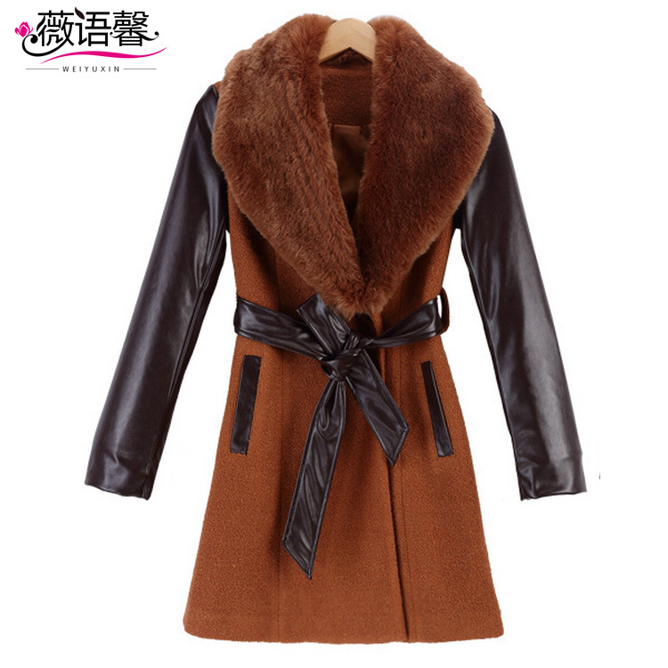 2015秋冬新款修身韩版中长款羊毛呢外套女皮衣毛领女式风衣大衣