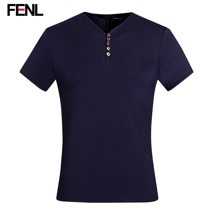 FENL2015夏季新品男士修身短袖纯棉V领T恤 纽扣休闲半袖潮打底衫