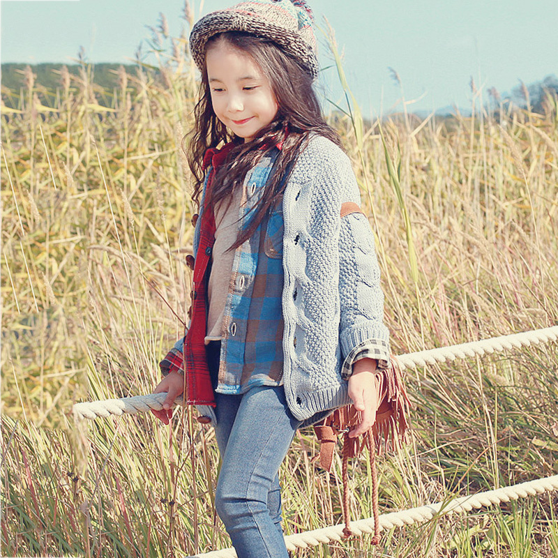 韩国女童针织外套秋冬新款宝宝加绒加厚韩版纯色外套大衣休闲复古
