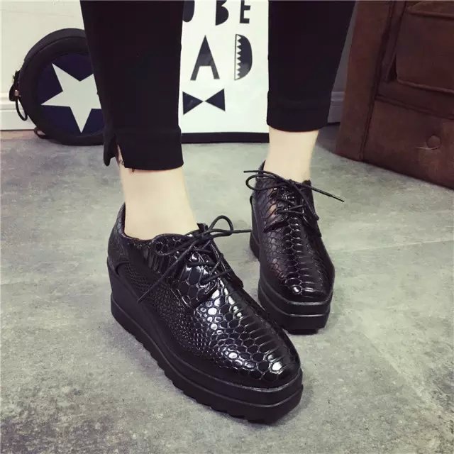 韩版2016春季新款漆皮松糕鞋厚底高跟单鞋方头系带深口坡跟女鞋子