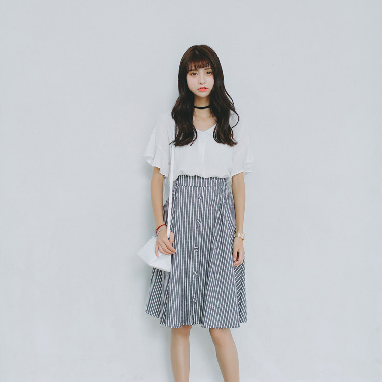 2015夏季新款日系韩版时尚修身显瘦2件套裙白色上衣+条纹长裙