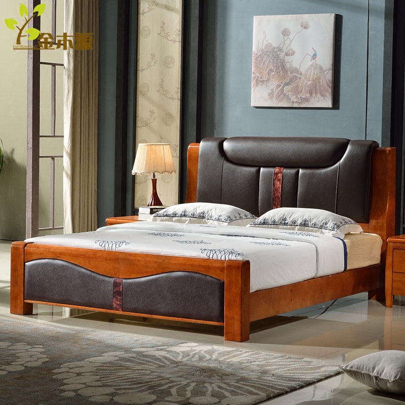 简约现代中式高档皮靠背大床1.8米双人床实木床橡木床高箱硬板床