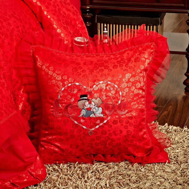 韩版蕾丝花边红色婚庆床头靠垫沙发靠背60*60方抱枕套不含芯一对