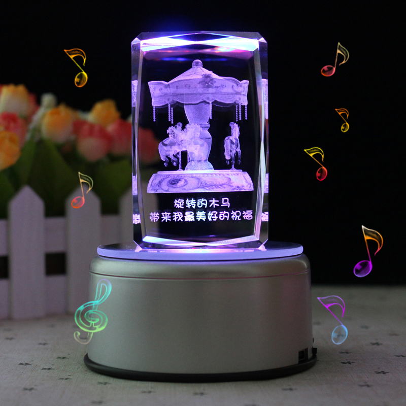 旋转幸福 定制3D旋转发光音乐盒水晶摆件 送女友最佳生日七夕礼物