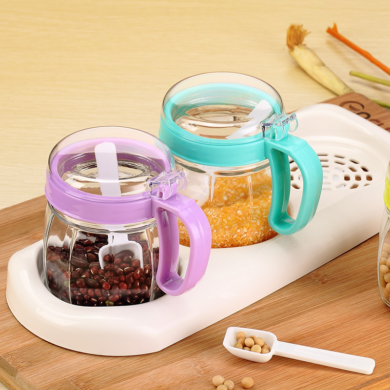 康兴达创意高档玻璃调味罐调味盒调料盒套装厨房用品瓶盐罐带勺