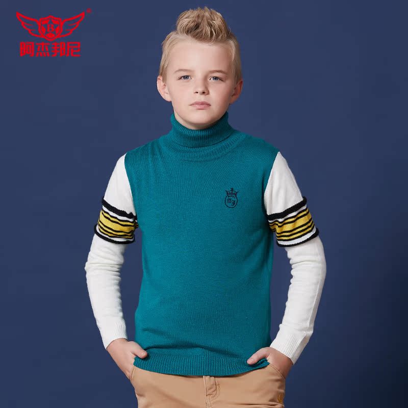 阿杰邦尼2015秋装新款 儿童 针织 男童毛衣撞色拼接高领套头衫潮