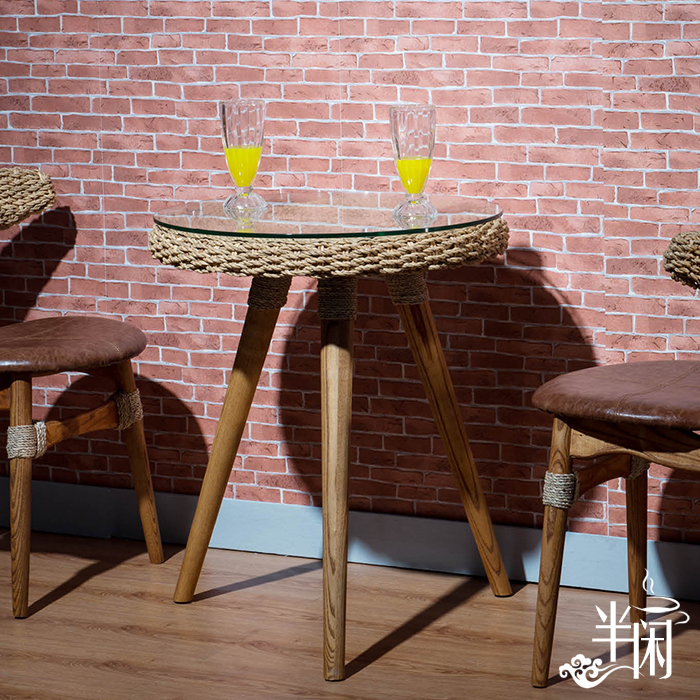 咖啡厅玻璃餐台 实木餐桌椅组合 休闲圆形现代简约洽谈桌