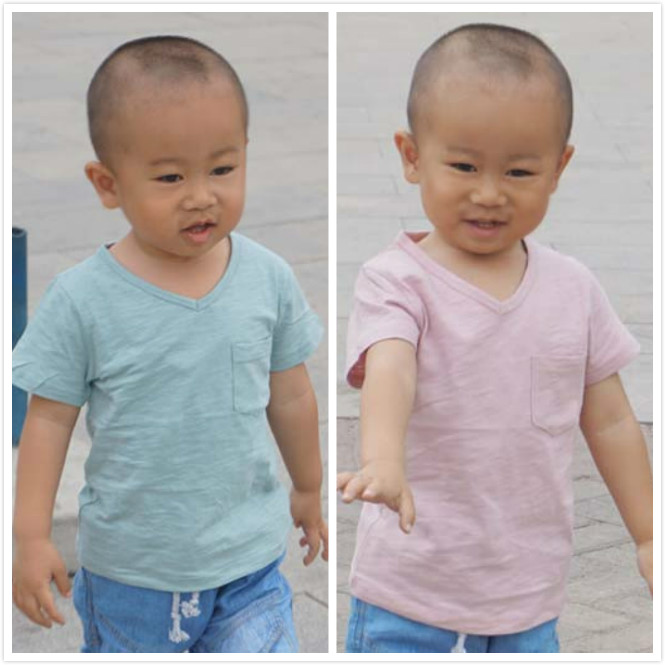 男童V领竹节棉纯色短袖T恤中小童薄款半袖儿童潮款韩版夏上衣童装