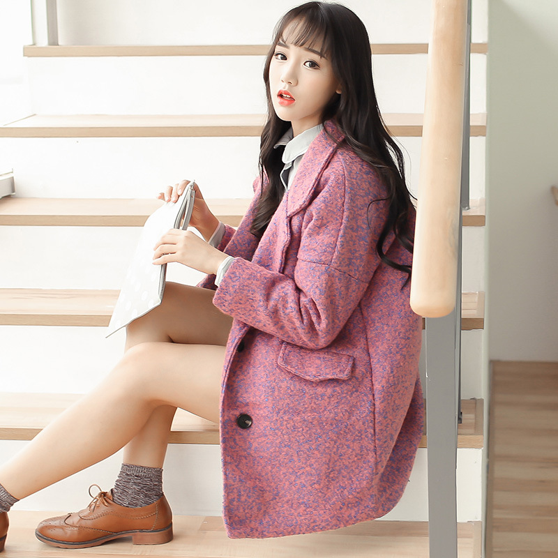 2015年冬季韩版纯色中长款修身双排扣长袖西装领毛呢外套女