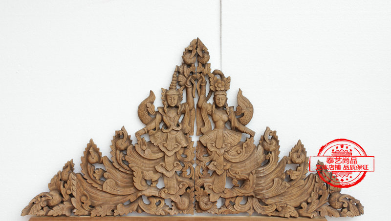 东南亚风格柚木雕门头装饰原木人物三角花板泰式餐厅酒店会所正品