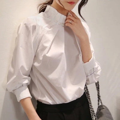 2016秋冬款上衣韩版时尚领钉珠白色衬衫长袖修身棉打底衫女装潮