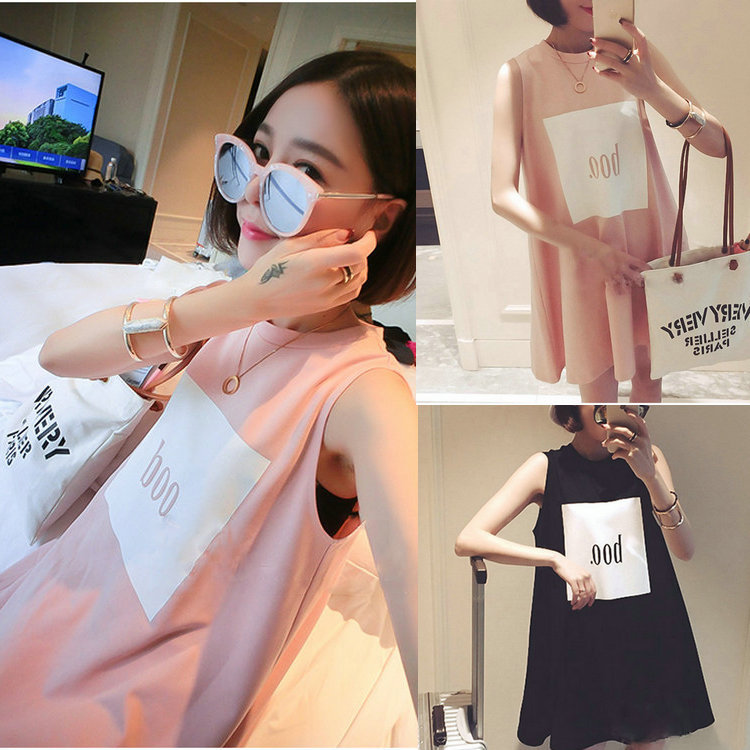 2015夏季新款 韩版小清新女装无袖字母时髦A字型T裙连衣裙