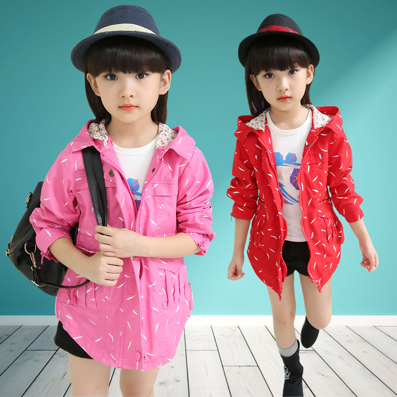 女童外套秋装2015新款长袖中长款风衣韩版中大童休闲连帽拉链外套