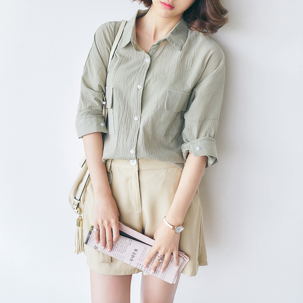 2016秋季新款日韩女装东大门纯色长袖女式衬衫
