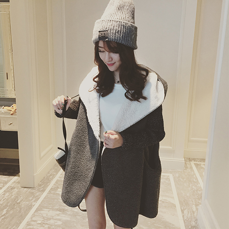 2015秋冬装新款女装韩版宽松连帽中长款针织大衣女羊羔绒毛呢外套