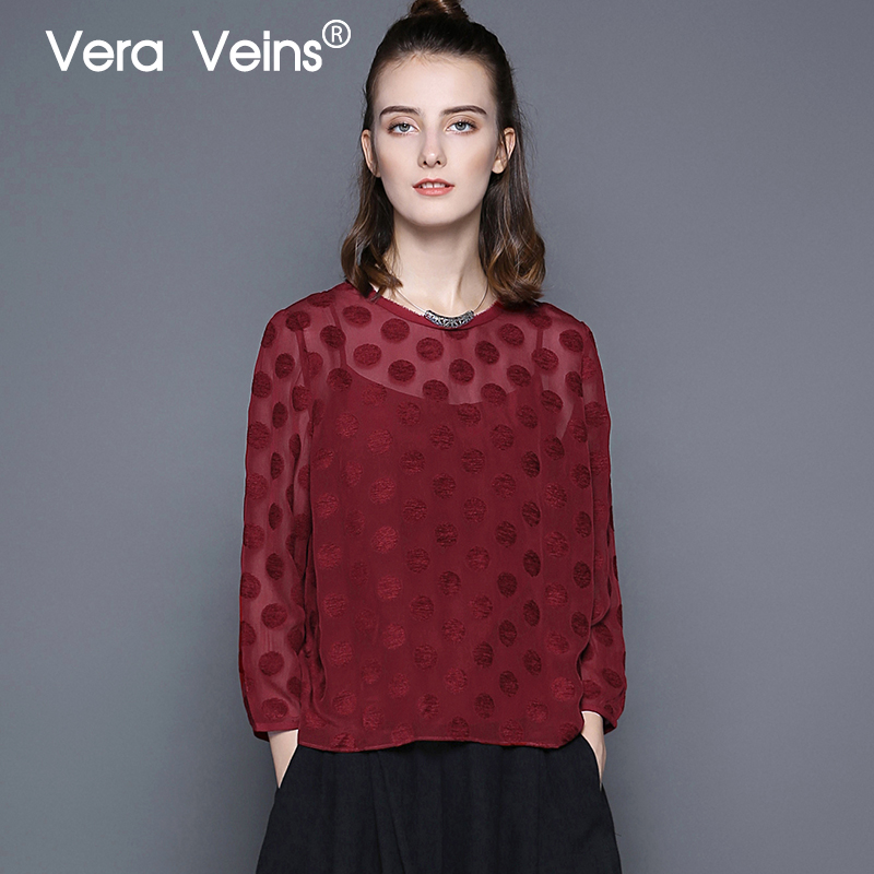 Vera Veins16秋季款两件套减龄圆点提花圆领九分袖真丝上衣衬衫