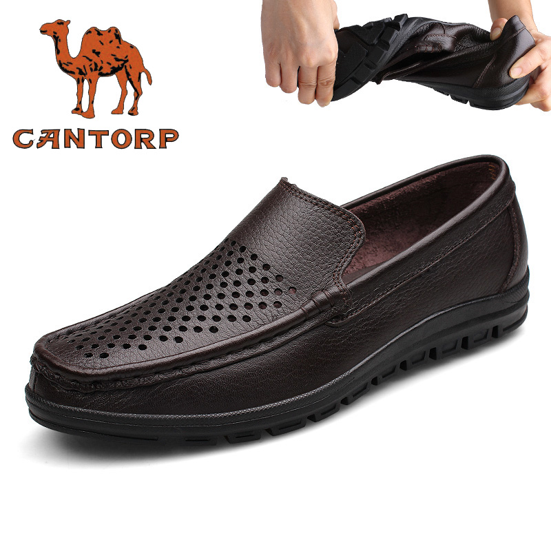 Cantorp/骆驼男鞋镂空透气套脚懒人凉鞋春夏新款头层牛皮休闲皮鞋