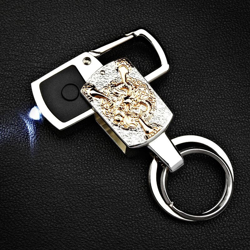 巴洛克式3D浮雕豹狼鹰带LED灯多功能锌合金钥匙扣不锈钢双圈腰挂