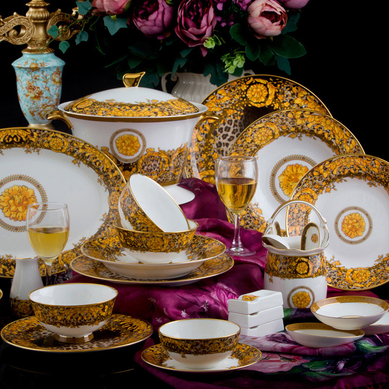 景德镇瓷器 83头骨瓷餐具套装碗 欧式瓷器盘子陶瓷碗碟 创意豹纹