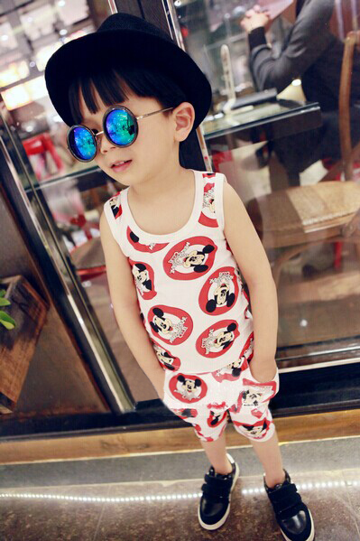 正品牌童装儿童米奇熊猫韩版 无袖短裤套装开衫 夏款3-4-5-6-7岁