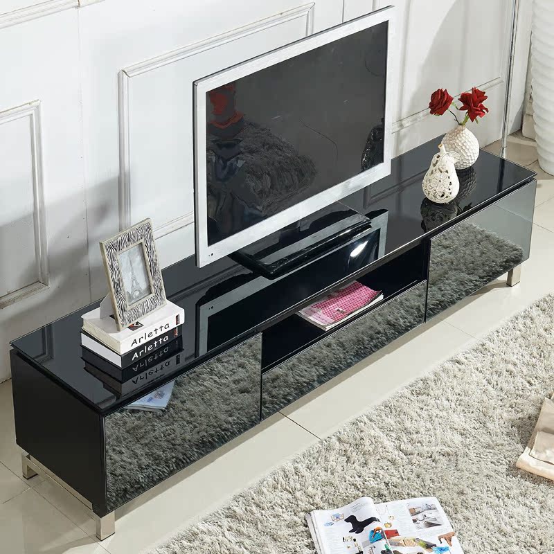 双鲸家具 木质不锈钢地柜 简约现代 黑色烤漆钢化玻璃 特价电视柜