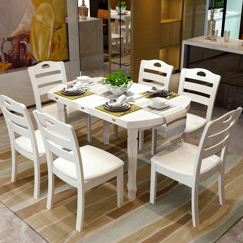 诗菲亚 实木餐桌椅组合伸缩圆桌6人现代简约白色饭桌折叠西餐桌