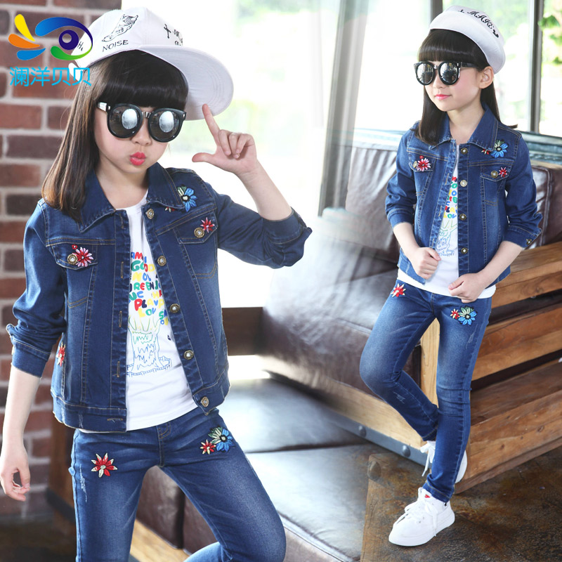 童装女童秋装套装2016新款韩版运动两件套装女中大童牛仔套装