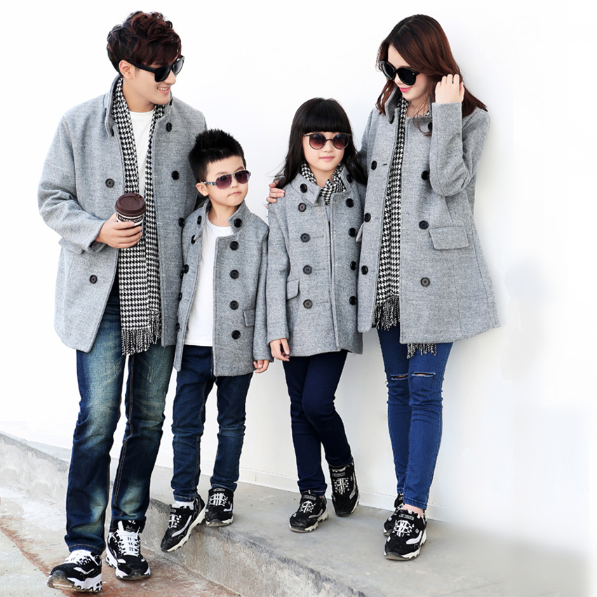 2015秋冬装新款韩版亲子母女全家装三口家庭装中长款毛呢大衣外套