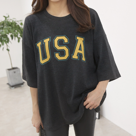 韩国正品代购女装 时尚休闲usa字母印花宽松中长款五分袖短袖T恤