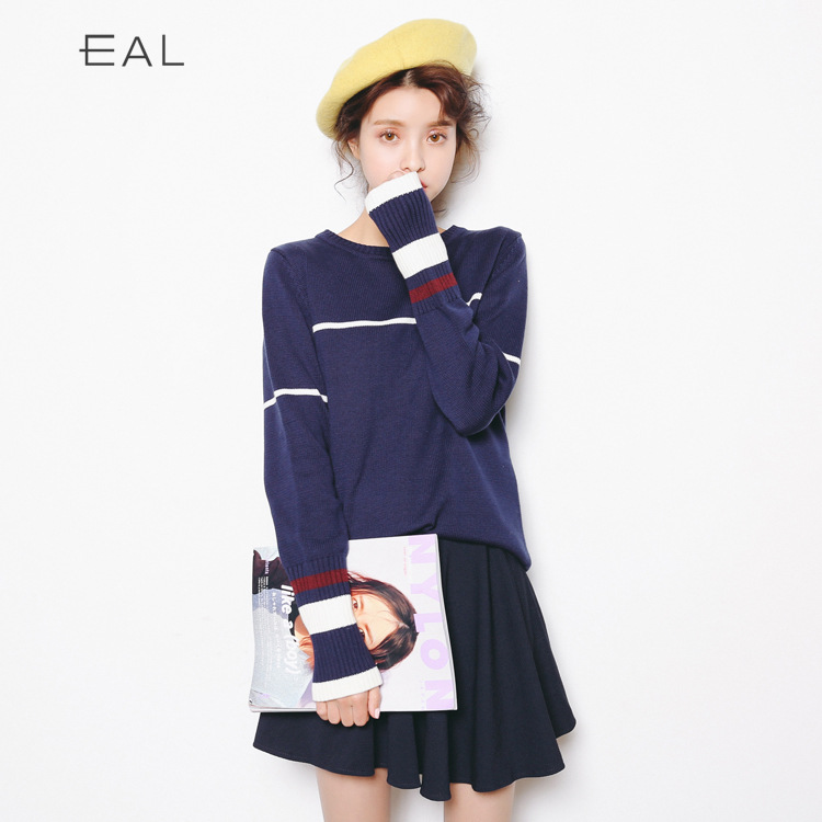 2016秋冬季新款女装 韩版条纹撞色女士长袖针织衫A135包邮