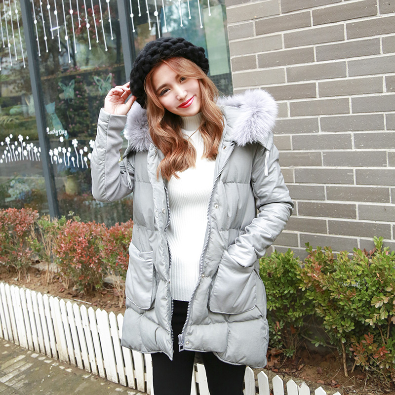 2015冬季新款韩版女装中长款加厚羽绒棉服pu拼接貉子毛领斗篷棉衣