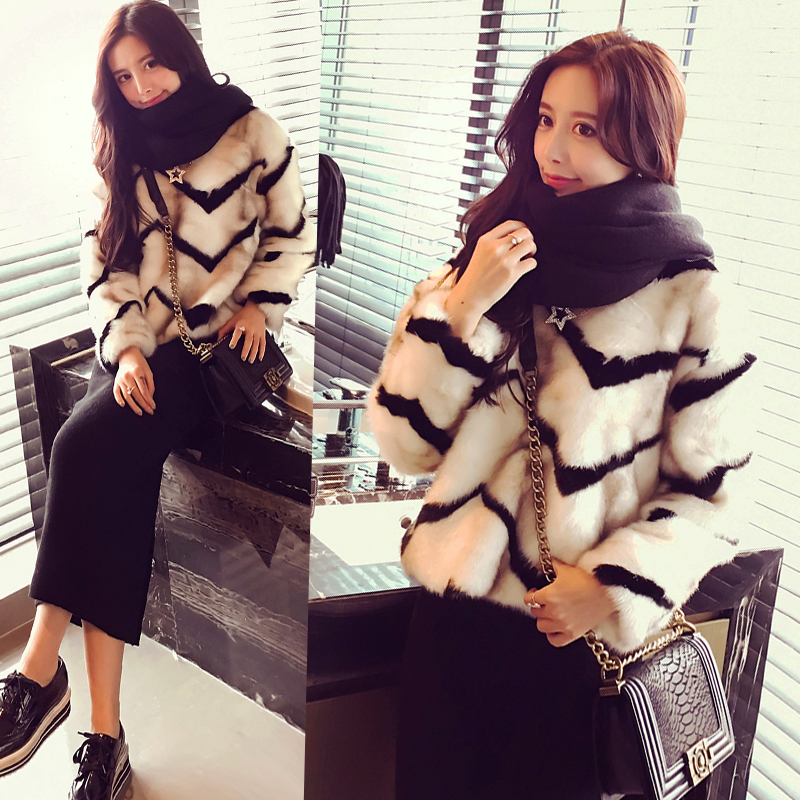 2015冬季新品女装韩版撞色加厚保暖宽松套头毛衣毛茸仿皮草上衣女