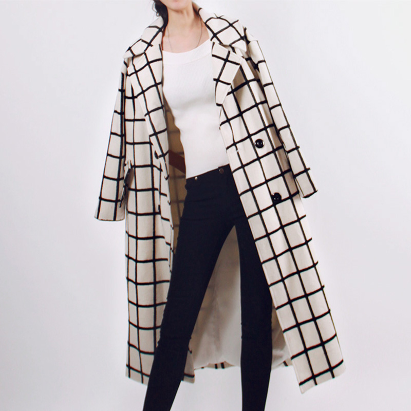 EGG原创设计独家定制冬羊毛呢大衣格子黑白廓型宽松加长款外套