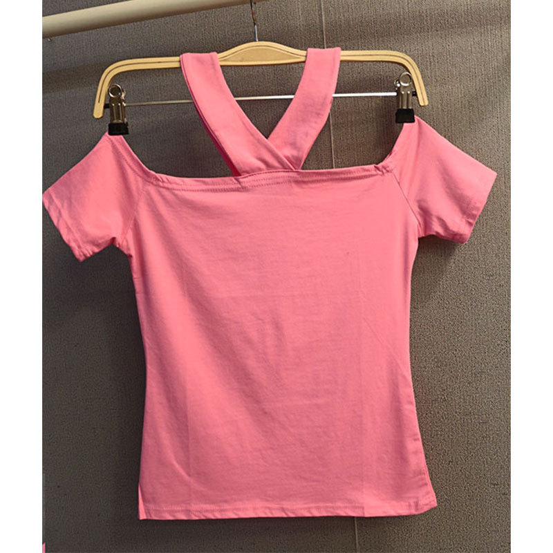 2015夏季新款短款一字领上衣女t恤短袖挎脖女打底衫纯色T恤