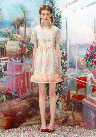 DORIS&20147超美衬肤优雅彩色精美刺绣花朵高品质短袖圆领连衣裙