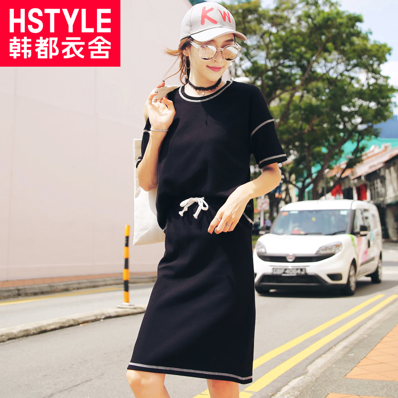 韩都衣舍2017韩版女夏新款明线短袖两件套包臀短裙套装GJ6698茆