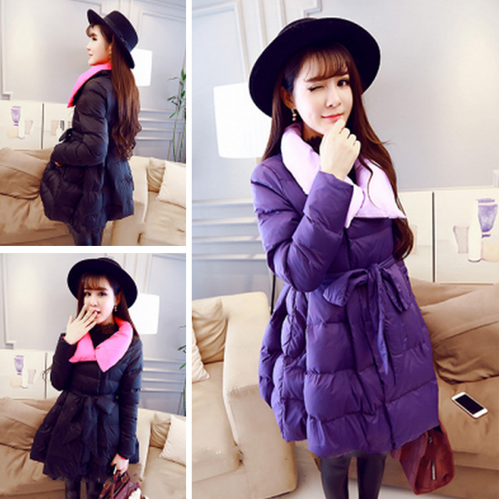 2015冬季新款韩版宽松显瘦系带保暖中长款羽绒棉衣棉服外套女学生