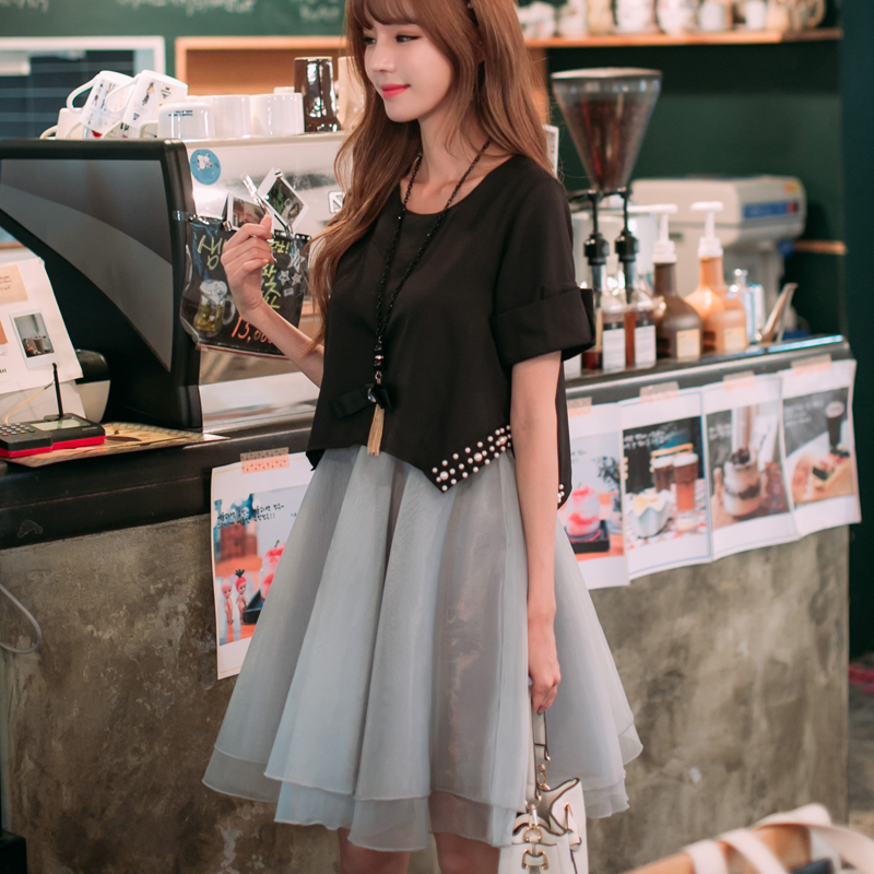 黑色钉珠短袖上衣欧根纱假两件连衣裙女夏季韩版学生显瘦蓬蓬裙