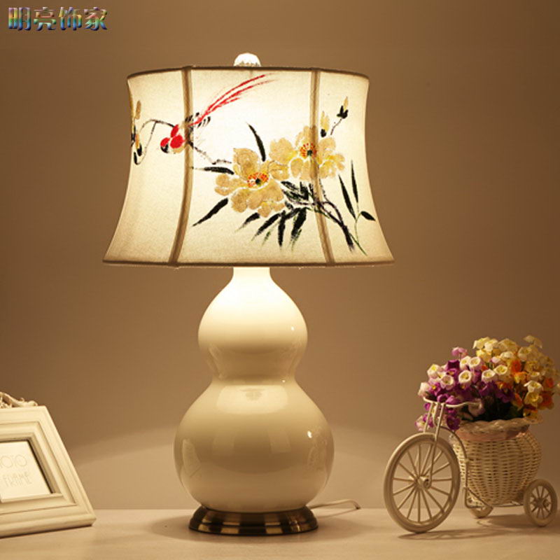 美式乡村创意葫芦陶瓷台灯卧室床头灯现代手绘花鸟样板房装饰台灯