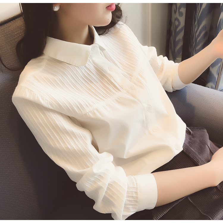 春装新款2016韩版女装时尚长袖打底白衬衫女修身气质百褶衬衣潮