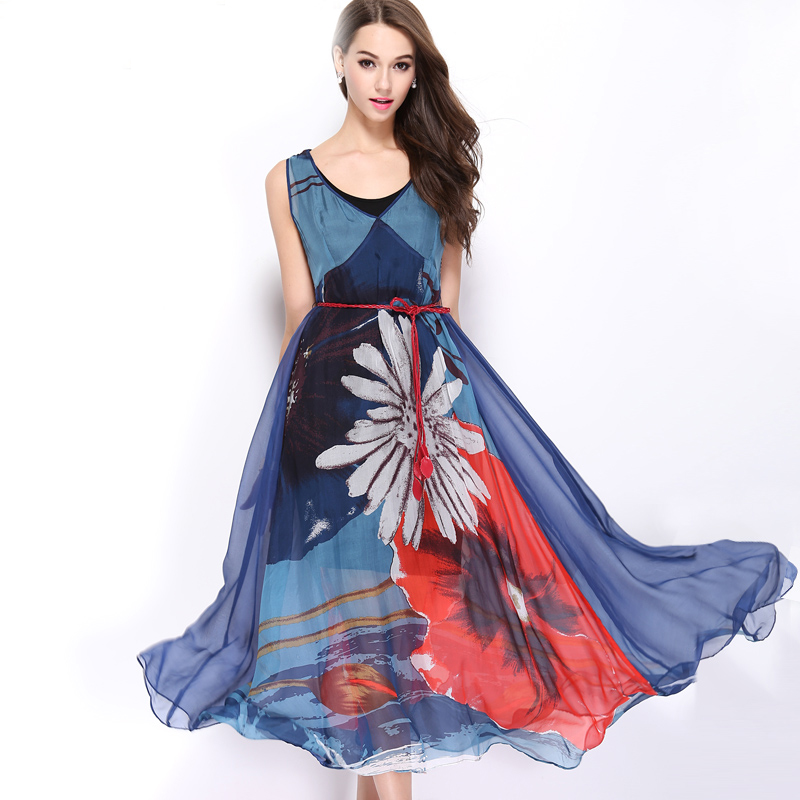 2015夏新款品牌女装真丝连衣裙波西米亚长裙