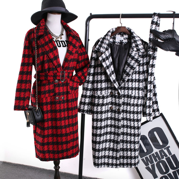韩国2015冬装新款系腰带加长款羊毛呢大衣学院风格子呢子外套女