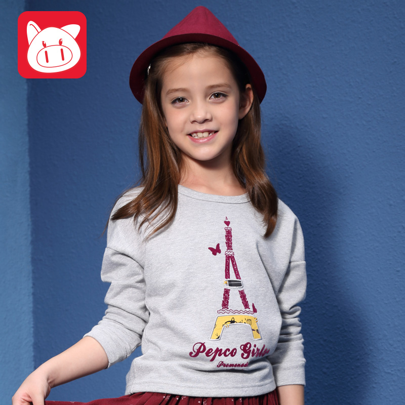 小猪班纳童装女童圆领长袖针织T恤衫2015秋装新款儿童圆领潮上衣