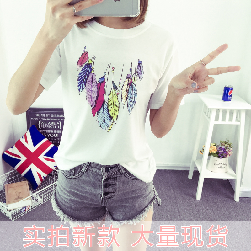 夏季新款短袖T恤女装韩版多彩树叶印花圆领小衫宽松时尚上衣