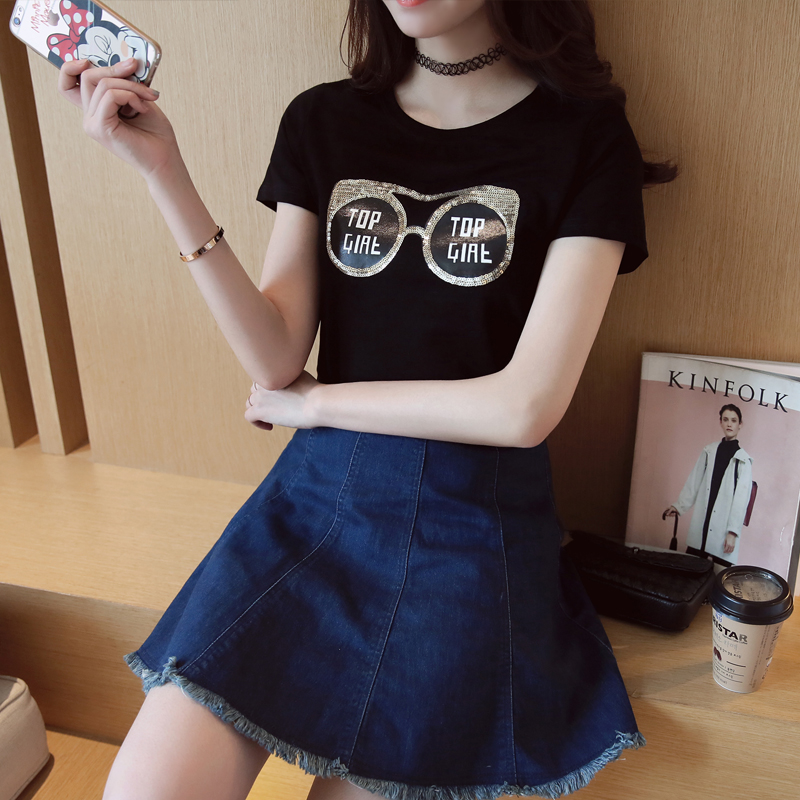 实拍2016夏装新款韩版宽松圆领亮片上衣打底短袖T恤女装潮